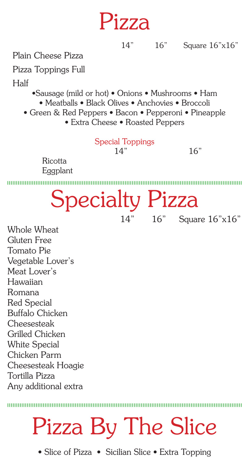 sals pizza and restaurant menu page1